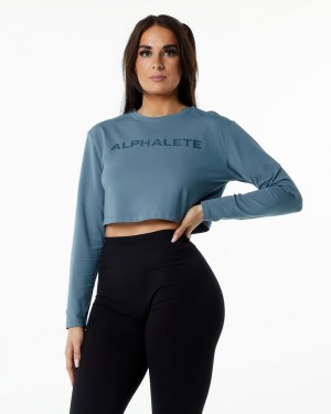 Alphalete Core LS Crop T-shirts Dames Blauw | 75REQIMUO