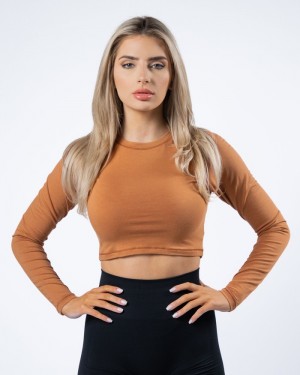 Alphalete Evo Long Sleeve Crop T-shirts Dames Bruin | 36EPJYBNX