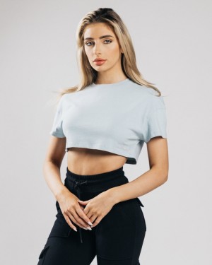 Alphalete Heavy Katoenen Dropped Shoulder Crop Overhemd Dames Blauw | 52QMBNOCD