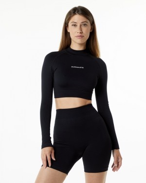 Alphalete Ozone High Neck LS Crop T-shirts Dames Zwart | 01IBLDPXA