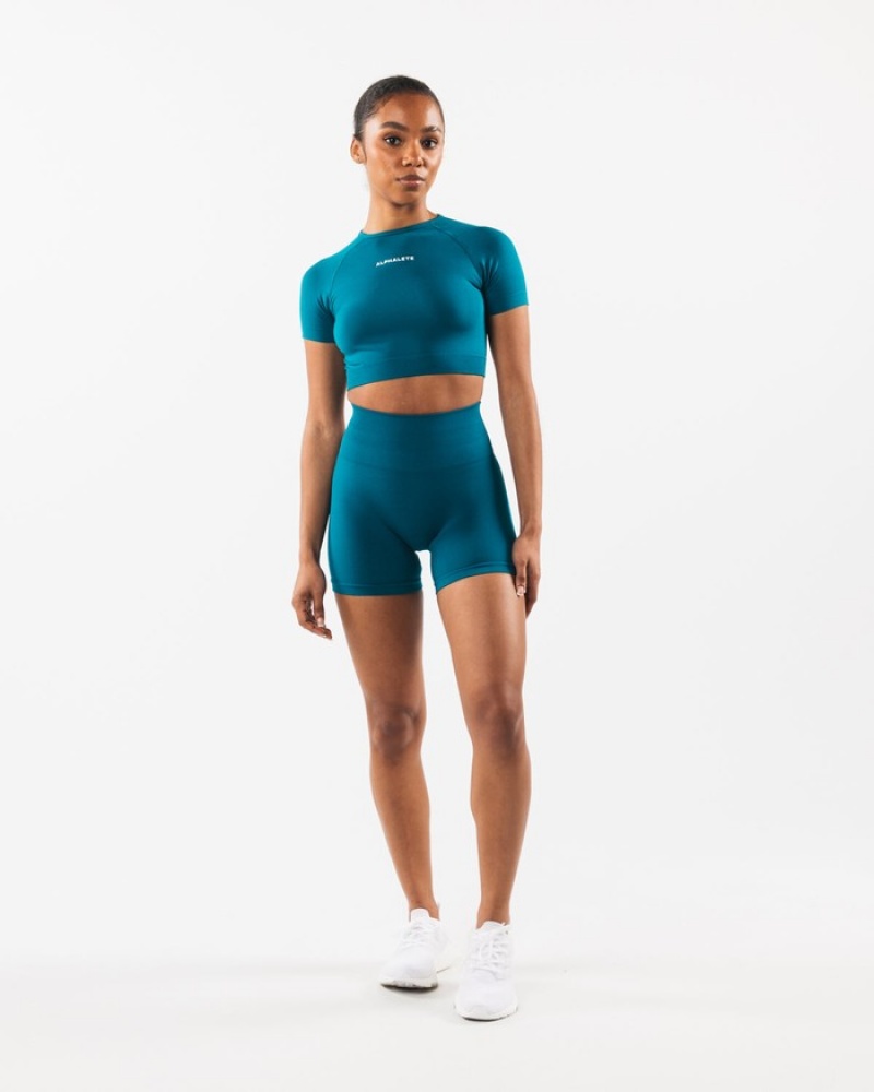 Alphalete Amplify SS Crop Overhemd Dames Blauw | 69DETSAXU