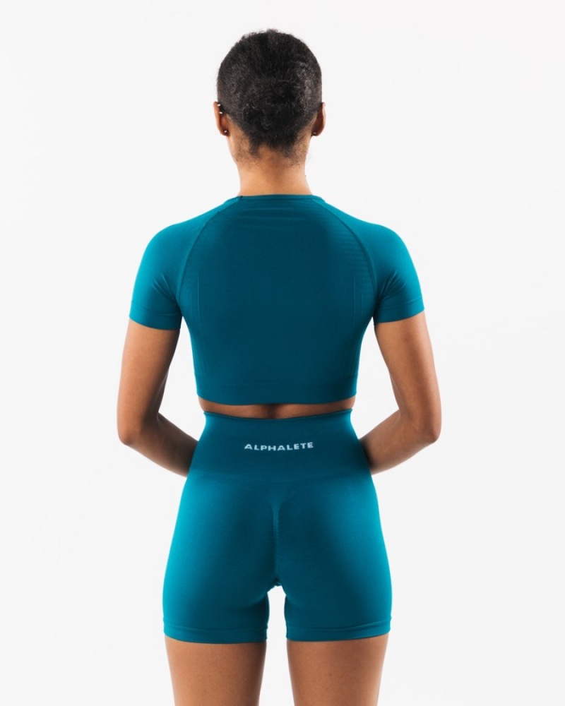 Alphalete Amplify SS Crop Overhemd Dames Blauw | 69DETSAXU