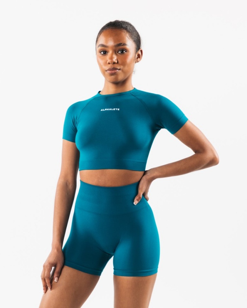 Alphalete Amplify SS Crop Overhemd Dames Blauw | 69DETSAXU