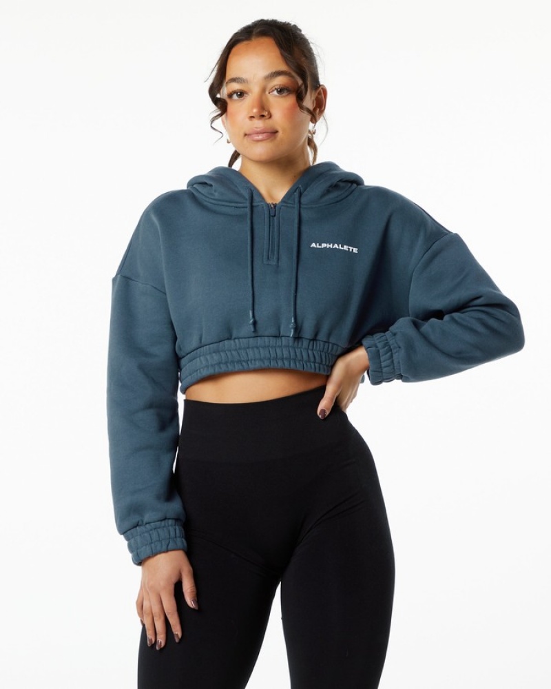 Alphalete Classicital Crop Hoodie Dames Blauw | 72VNGPRMY