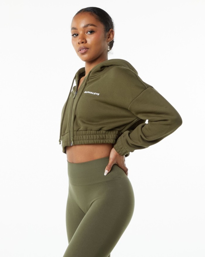 Alphalete Classicital Full-Zip Crop Jassen Dames Olijfgroen | 86OUVSKAI