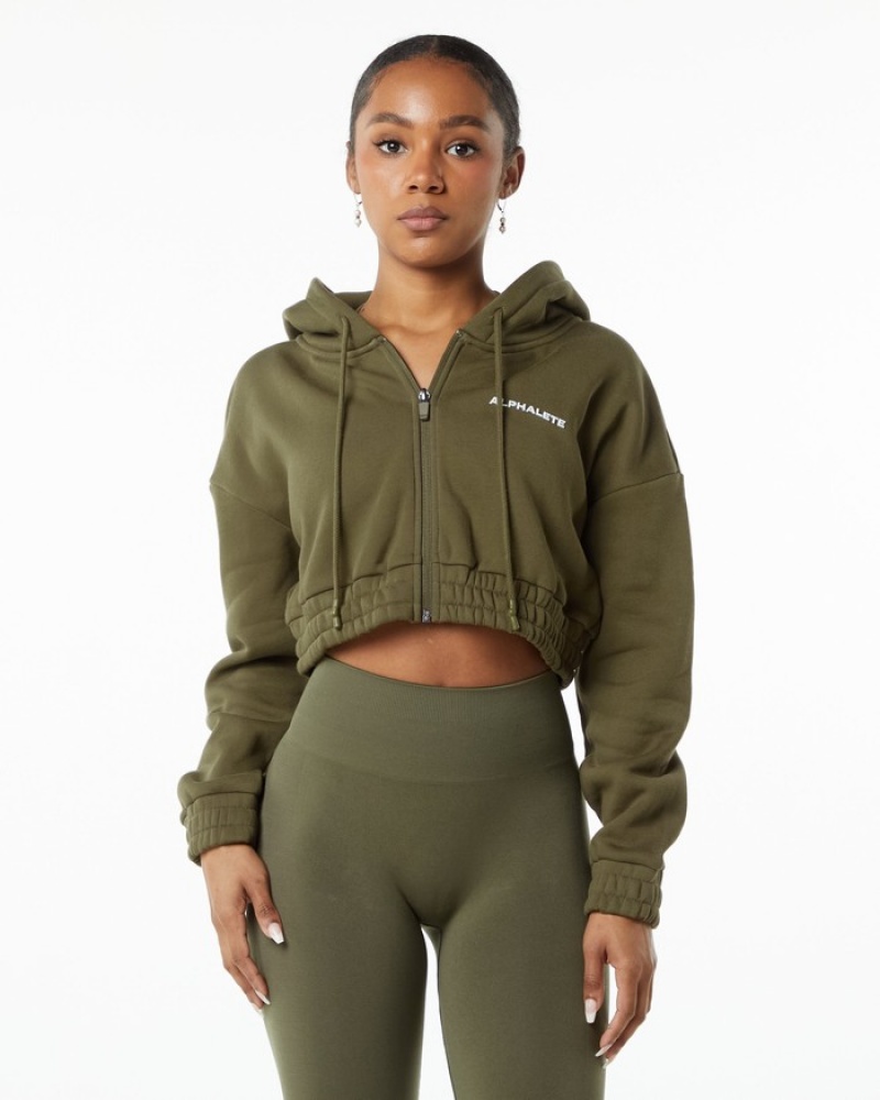 Alphalete Classicital Full-Zip Crop Jassen Dames Olijfgroen | 86OUVSKAI