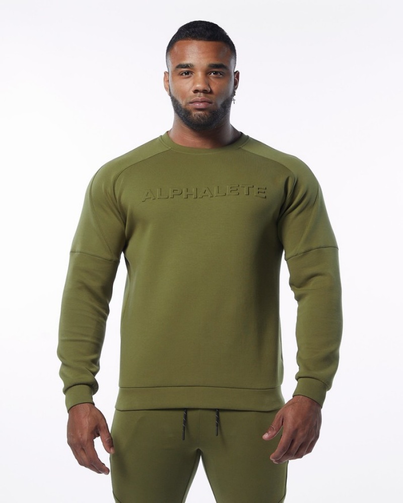 Alphalete ELMTS Crewneck Sweatshirt Heren Olijfgroen | 16CIAXRVQ