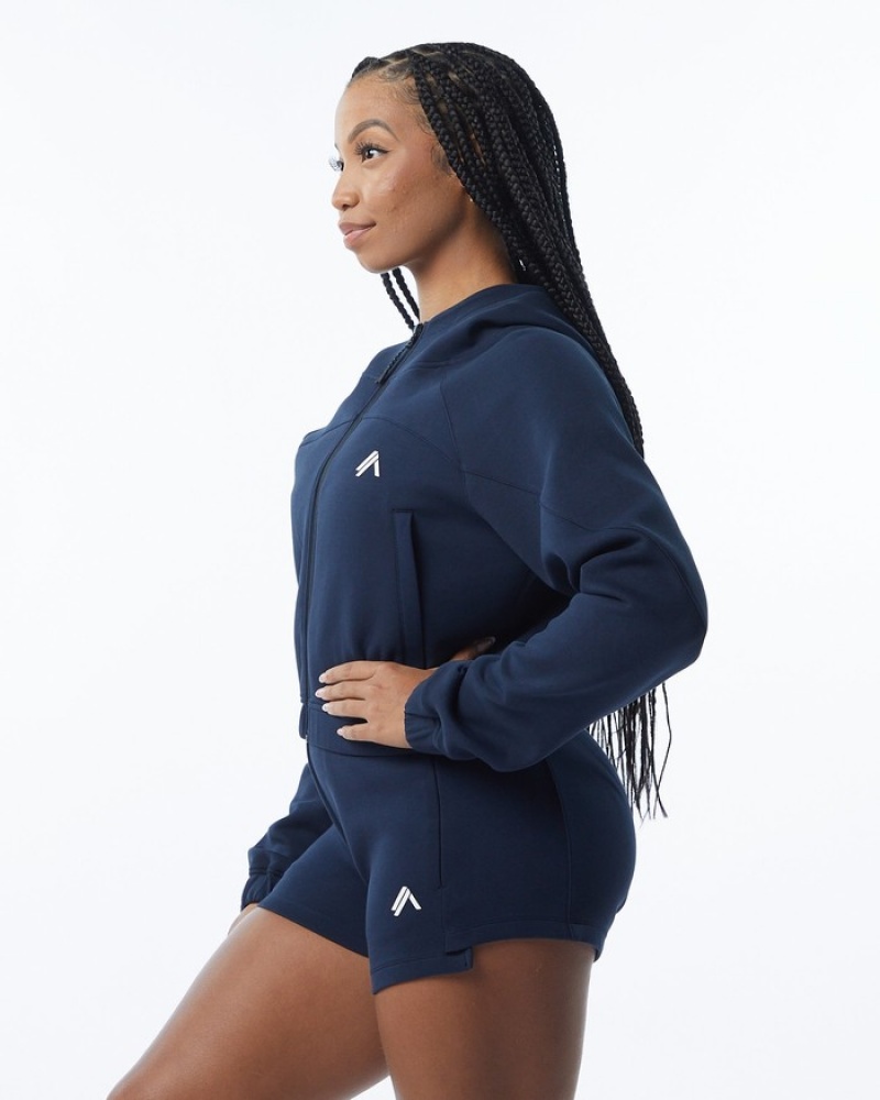 Alphalete ELMTS Full-Zip Crop Jassen Dames Donkerblauw | 76ZJXPQGB