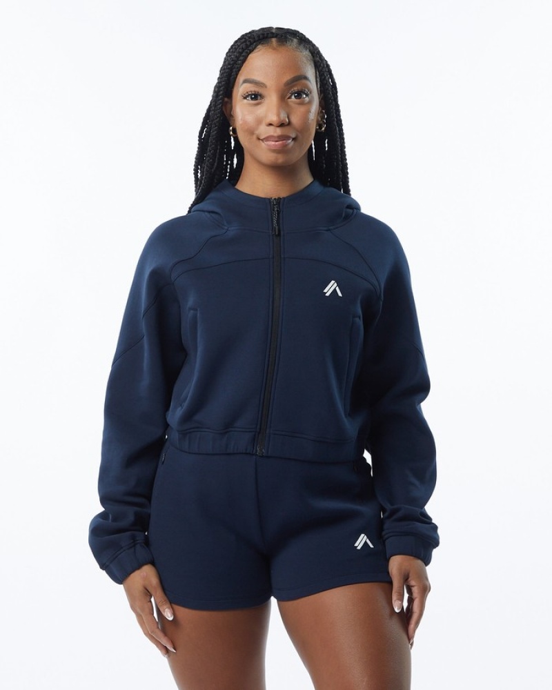 Alphalete ELMTS Full-Zip Crop Jassen Dames Donkerblauw | 76ZJXPQGB