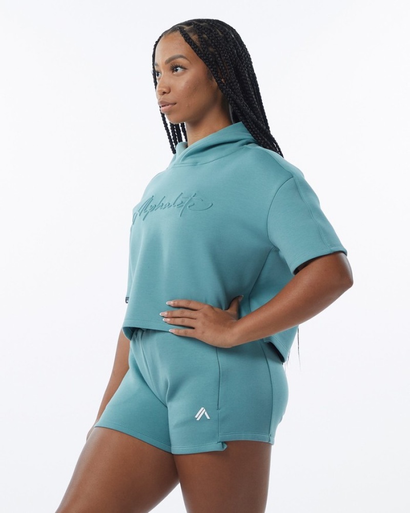 Alphalete ELMTS Half Sleeve Hoodie Dames Turquoise | 52QPODAFY