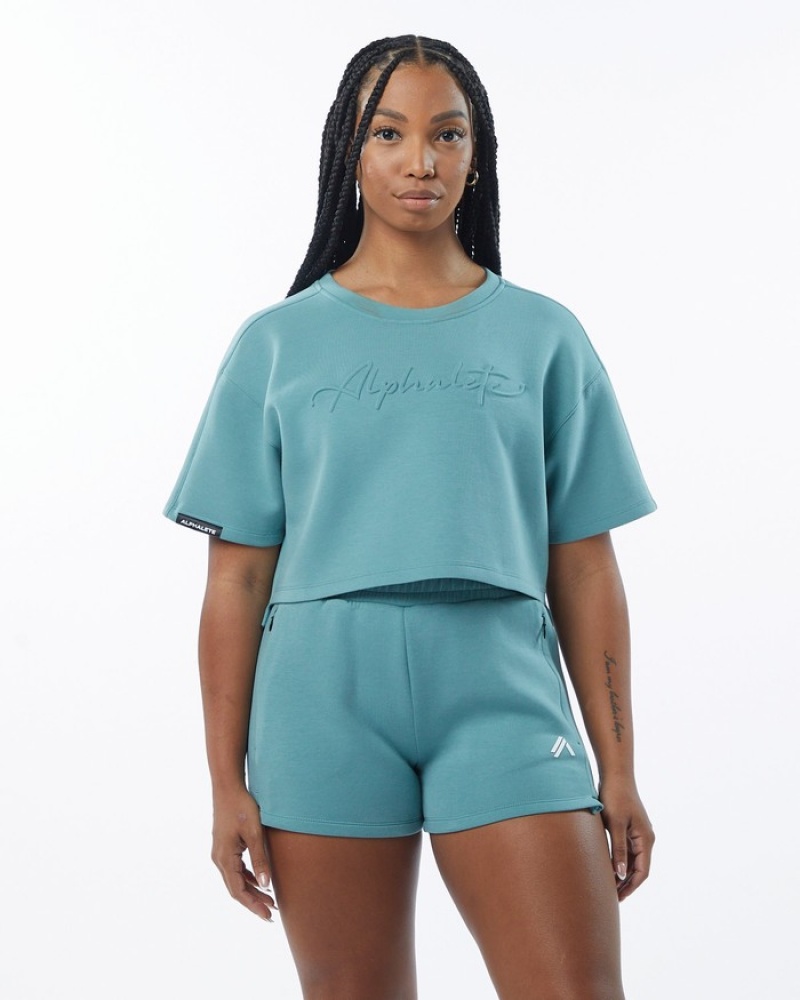 Alphalete ELMTS Half Sleeve Pullover Sweatshirt Dames Turquoise | 34CENQLRJ