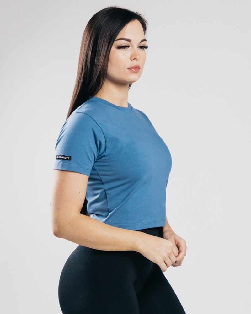 Alphalete Essential Sleeve Crop Overhemd Dames Blauw | 83NYOQMTD