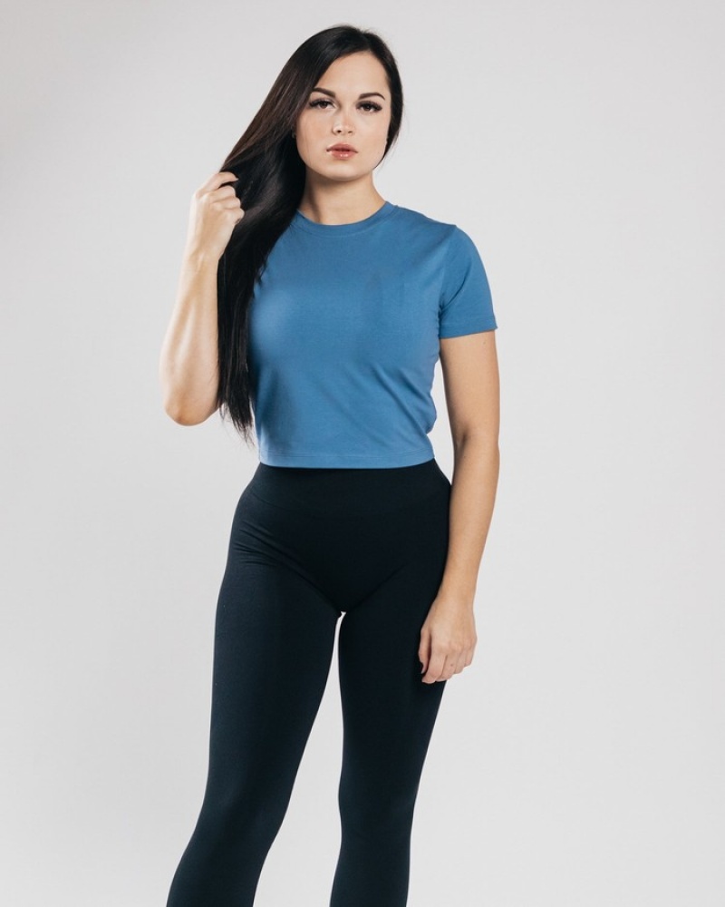 Alphalete Essential Sleeve Crop Overhemd Dames Blauw | 83NYOQMTD