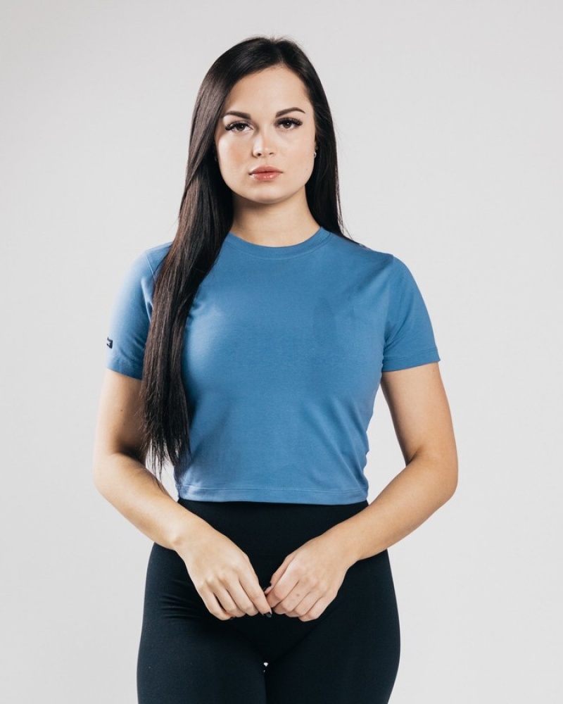 Alphalete Essential Sleeve Crop Overhemd Dames Blauw | 83NYOQMTD