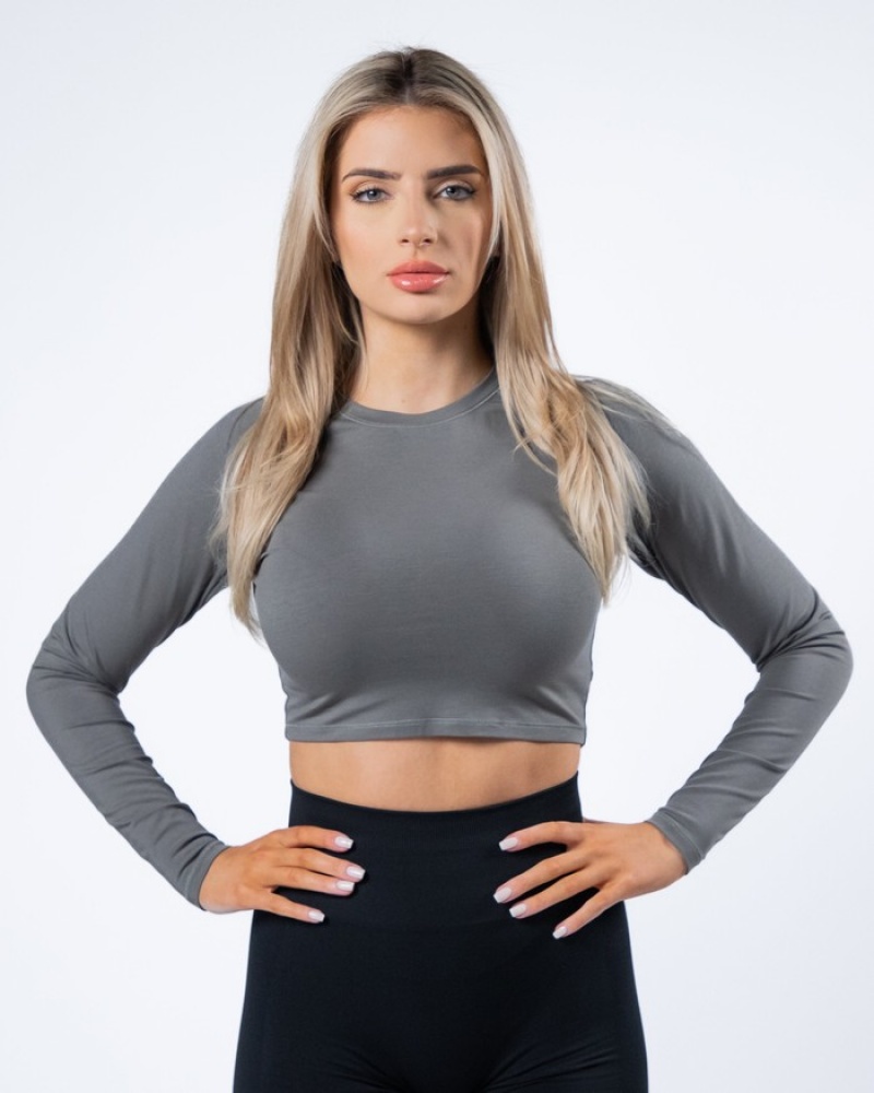 Alphalete Evo Long Sleeve Crop T-shirts Dames Grijs | 13XZHLGUC