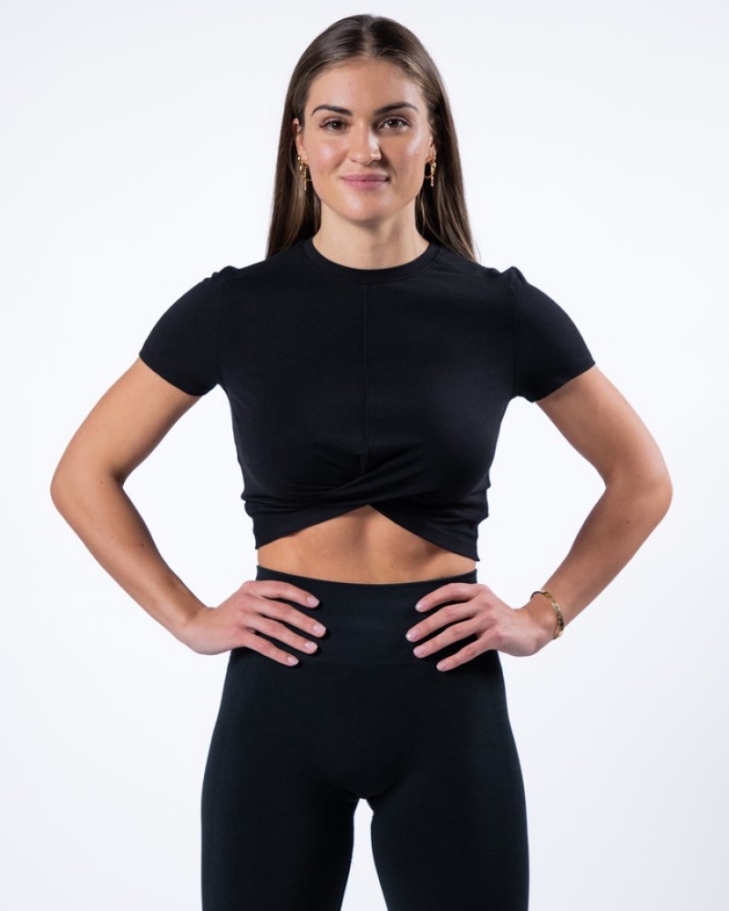 Alphalete Evo Twist Crop Overhemd Dames Zwart | 76YESUXIK