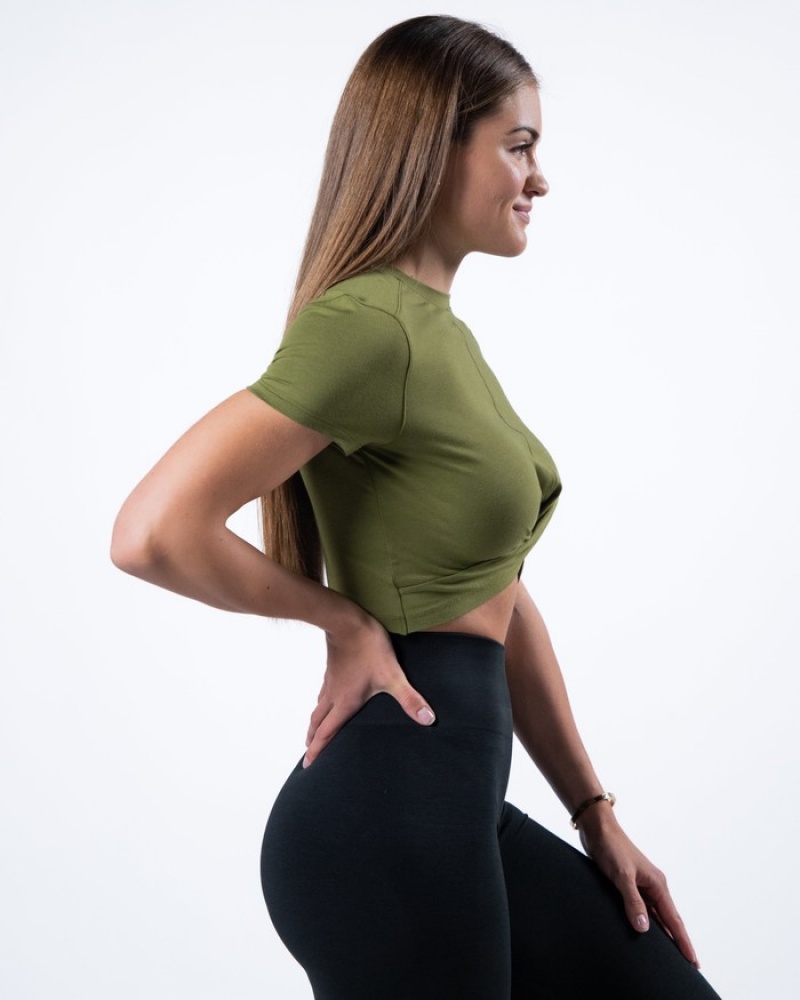 Alphalete Evo Twist Crop Overhemd Dames Groen | 53NJMEKAH