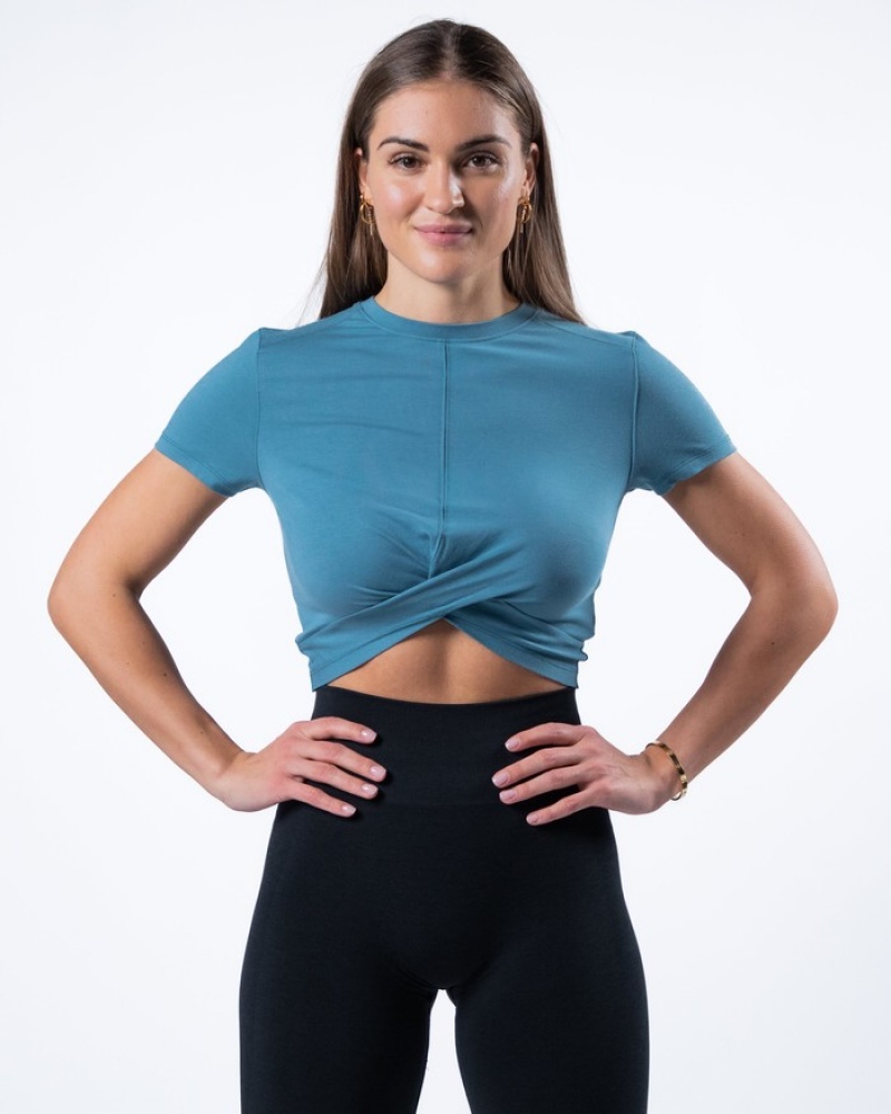 Alphalete Evo Twist Crop Overhemd Dames Blauw | 91FRKSICO