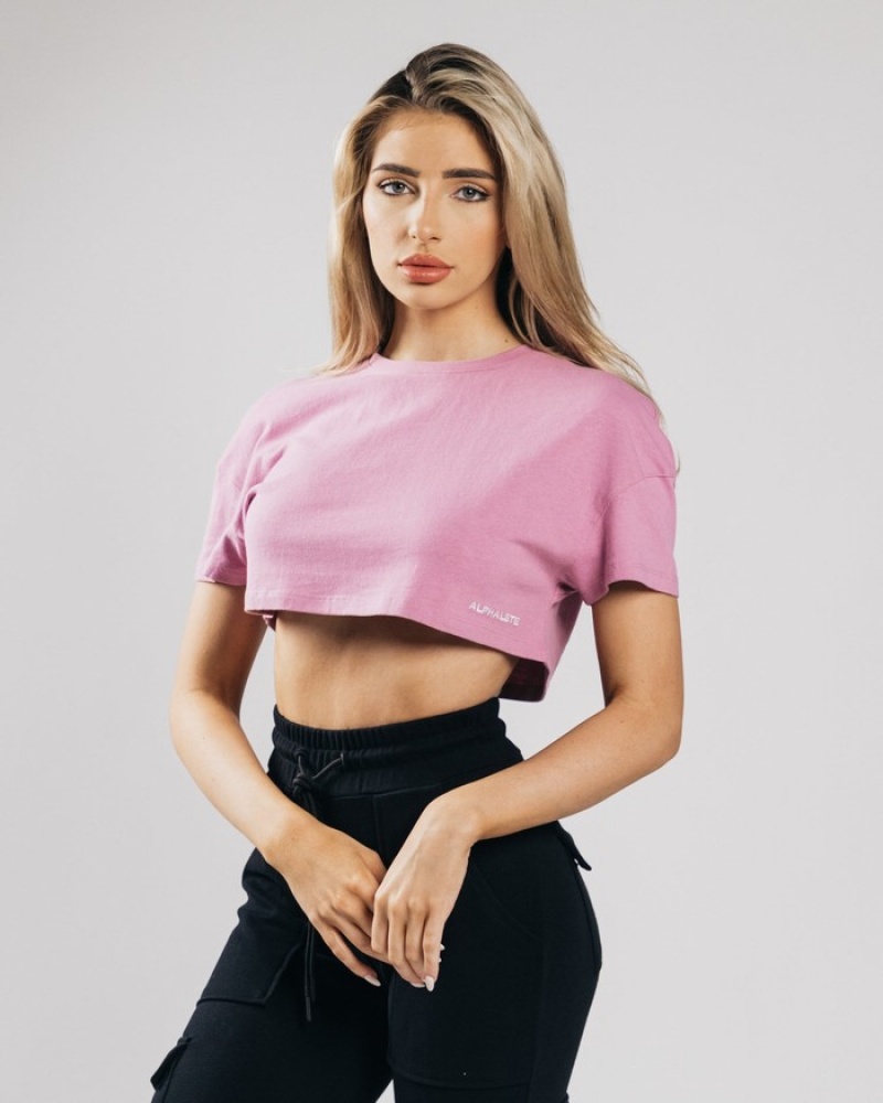 Alphalete Heavy Katoenen Dropped Shoulder Crop Overhemd Dames Roze | 87XKUOJPC