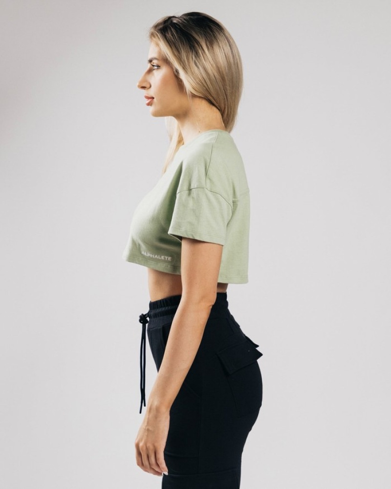 Alphalete Heavy Katoenen Dropped Shoulder Crop Overhemd Dames Olijfgroen | 59LDMIRWT