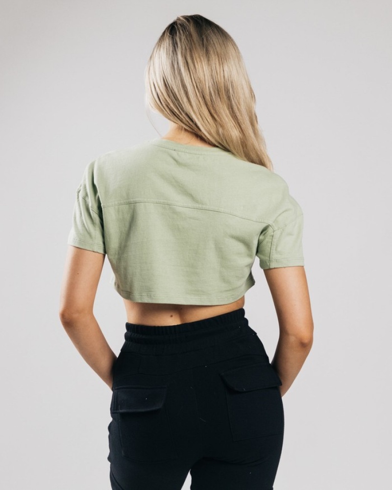 Alphalete Heavy Katoenen Dropped Shoulder Crop Overhemd Dames Olijfgroen | 59LDMIRWT