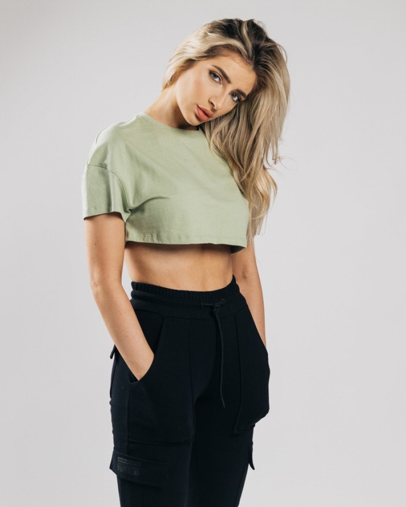 Alphalete Heavy Katoenen Dropped Shoulder Crop Overhemd Dames Olijfgroen | 59LDMIRWT