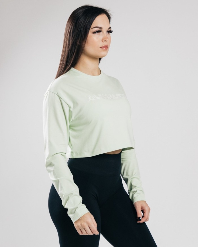 Alphalete Outlined Long Sleeve Crop T-shirts Dames Olijfgroen | 48FBUXLYQ