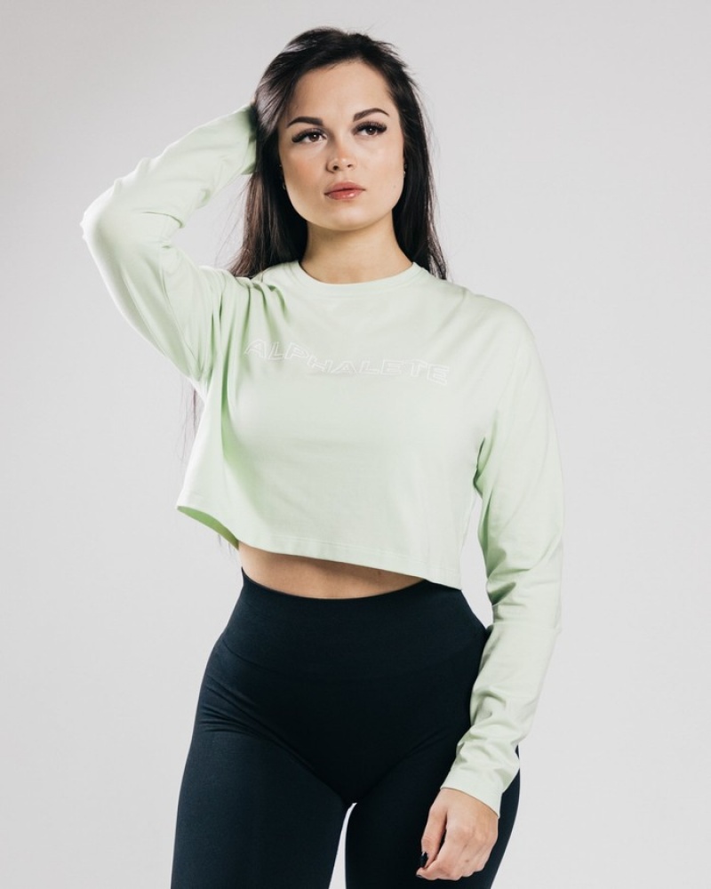 Alphalete Outlined Long Sleeve Crop T-shirts Dames Olijfgroen | 48FBUXLYQ