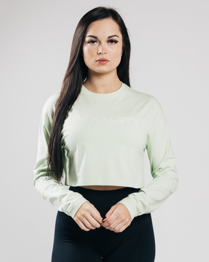 Alphalete Outlined Long Sleeve Crop T-shirts Dames Olijfgroen | 48FBUXLYQ