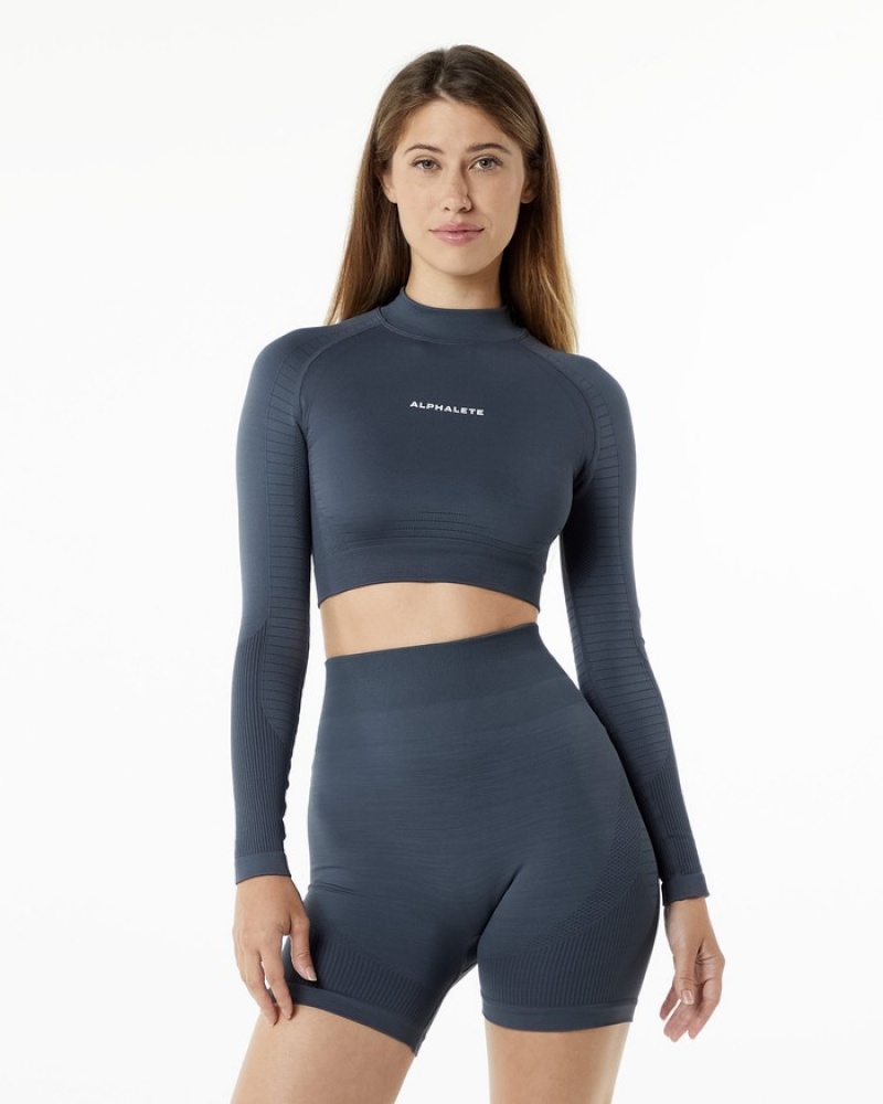 Alphalete Ozone High Neck LS Crop T-shirts Dames Donkergrijs | 19QDFIUYA