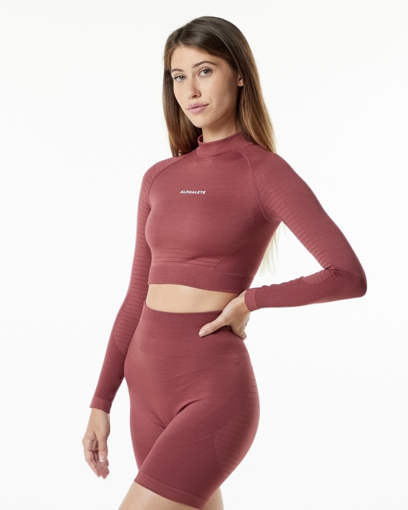 Alphalete Ozone High Neck LS Crop T-shirts Dames Bordeaux | 17NAMCOHE