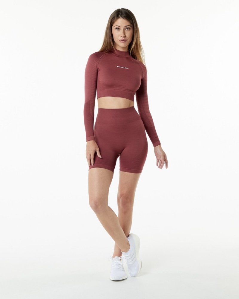 Alphalete Ozone High Neck LS Crop T-shirts Dames Bordeaux | 17NAMCOHE