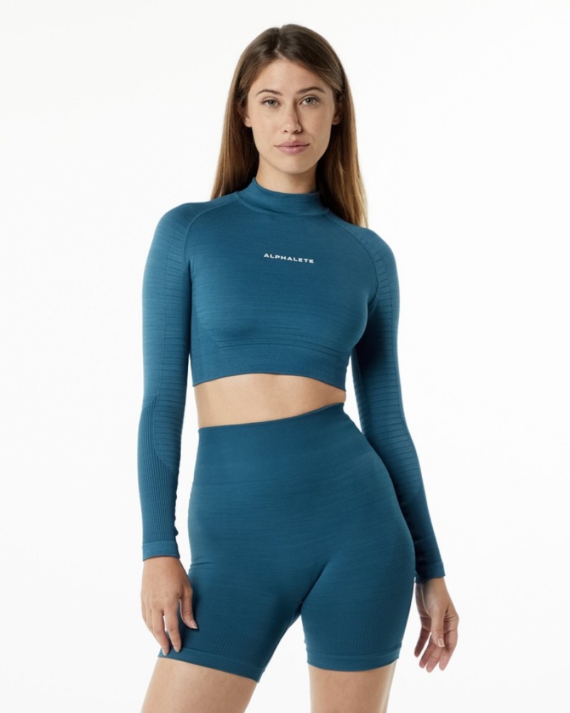 Alphalete Ozone High Neck LS Crop T-shirts Dames Blauw | 15CFXZQIT