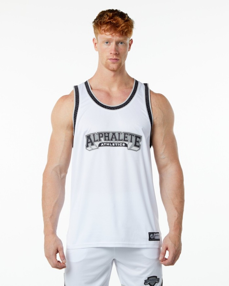 Alphalete Varsity Basketball Jersey Tanktop Heren Wit | 74QPJXOVE