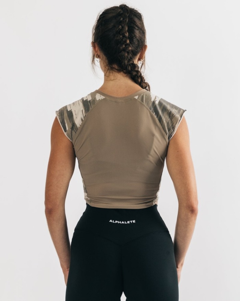 Alphalete Velocity Crop Overhemd Dames Bruin Camo | 63ILZUPWT