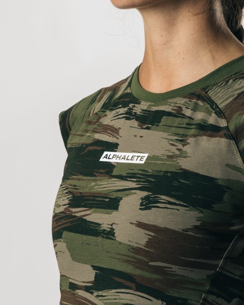 Alphalete Velocity Crop Overhemd Dames Olijfgroen Camo | 69IGBLWKY