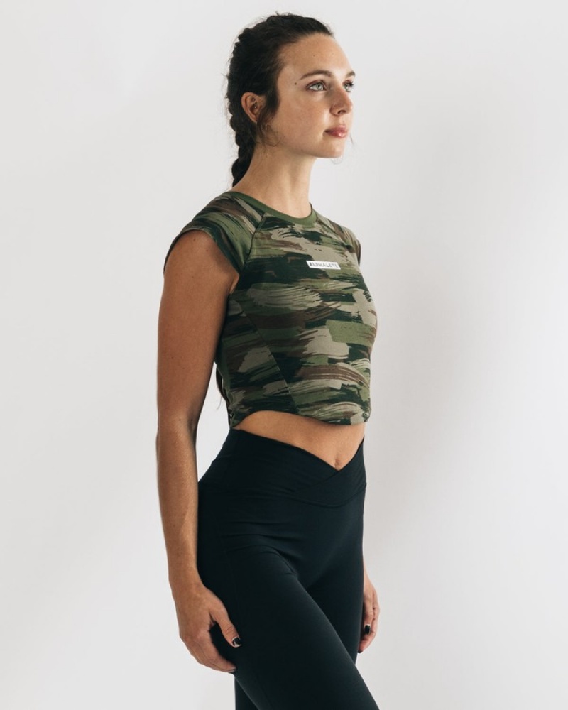 Alphalete Velocity Crop Overhemd Dames Olijfgroen Camo | 69IGBLWKY