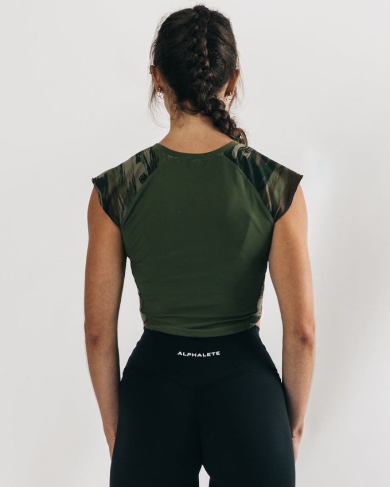 Alphalete Velocity Crop Overhemd Dames Olijfgroen Camo | 69IGBLWKY