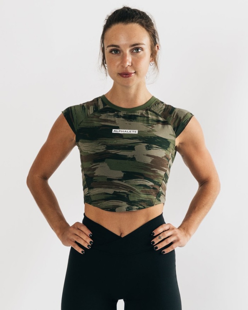 Alphalete Velocity Crop Overhemd Dames Olijfgroen Camo | 69IGBLWKY